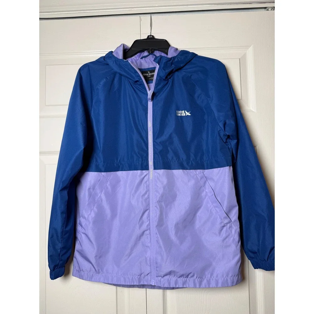 Eddie‎ Bauer Kids Blue Purple Colorblock Hooded Windbreaker Jacket L 14/16